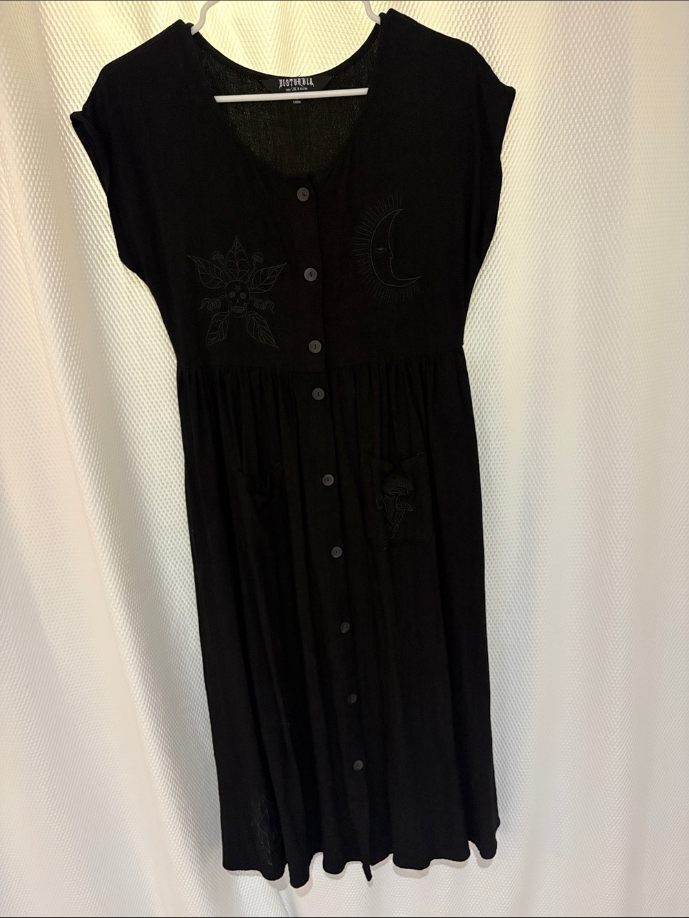Disturbia Black Button-Front Midi Dress with Celestial Embroidery